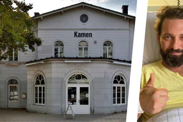 Links ist der Bahnhof in Kamen zu sehen, rechts Peter Fritza im Krankenhausbett.