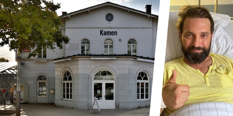 Links ist der Bahnhof in Kamen zu sehen, rechts Peter Fritza im Krankenhausbett.
