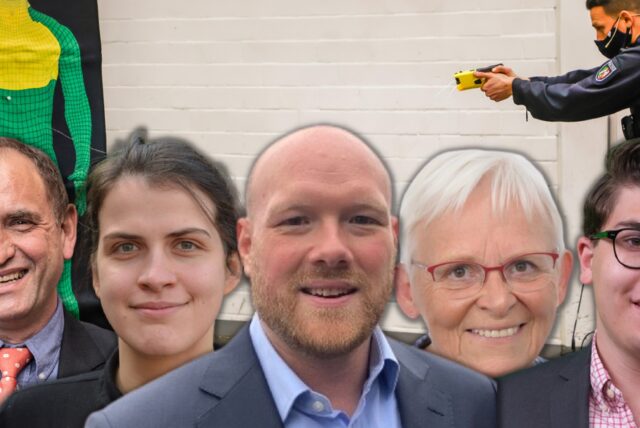 Sascha Mader (CDU) und Hannah Rosenbaum (Grüne), Annegret Meyer (Die Linke) und Nils Mehrer (FDP) in einer Montage vor einem Polizeibeamten, der mit dem Taser auf eine Zielwand schießt.
