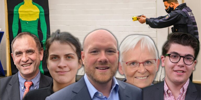 Sascha Mader (CDU) und Hannah Rosenbaum (Grüne), Annegret Meyer (Die Linke) und Nils Mehrer (FDP) in einer Montage vor einem Polizeibeamten, der mit dem Taser auf eine Zielwand schießt.