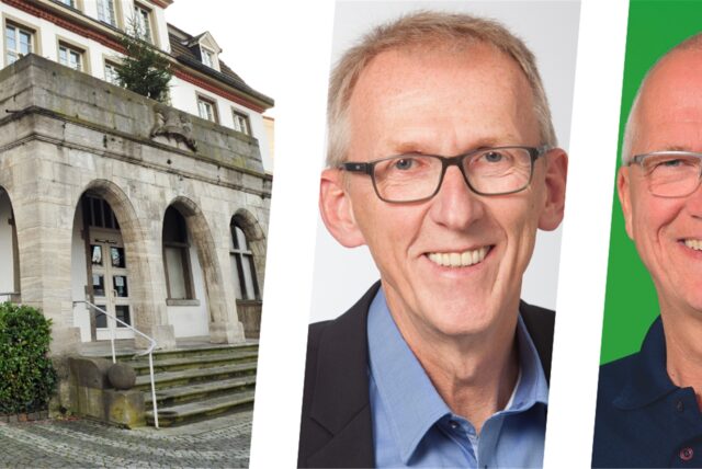 Das Fröndenberger Rathaus sowie Kämmerer Heinz-Günter Freck und Martin Schoppmann, Vorsitzender des Finanzausschusses