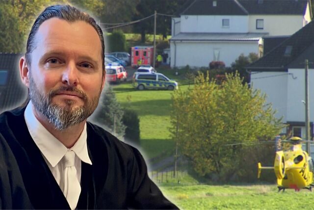 Montage: Staatsanwalt Jürgen Schulte-Göbel vor dem Tatort in Dortmund-Sölderholz