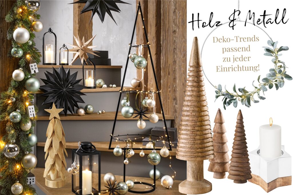 Deko aus Holz und Metall zu Weihnachten