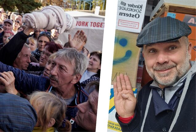 Eine Fotomontage: links Menschen, die Hilfsgüter bekommen, rechts Krzysztof Adamski.