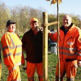 16 Jahre lang hat die Bauhof-Kolonne die Löcher für die Pflanzfeste im Jubiläumswald Bergkamen ausgehoben. Nun durfte sie den letzten Baum pflanzen.