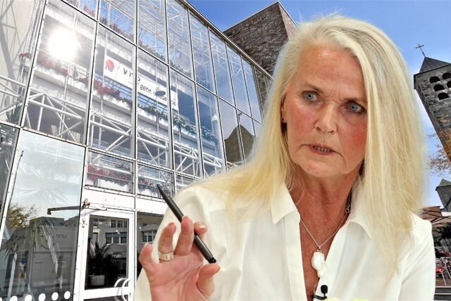 WfU-Fraktionsvorsitzende Ingrid Kroll in einer Bildmontage vor dem Rathaus von Unna
