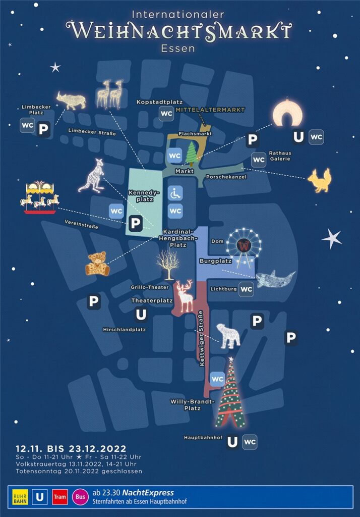 Der Lageplan für den Weihnachtsmarkt Essen 2022. Der Lageplan für den Weihnachtsmarkt Essen 2022.