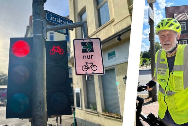 Der Grünpfeil für Radfahrende an einer Ampel in Dortmund