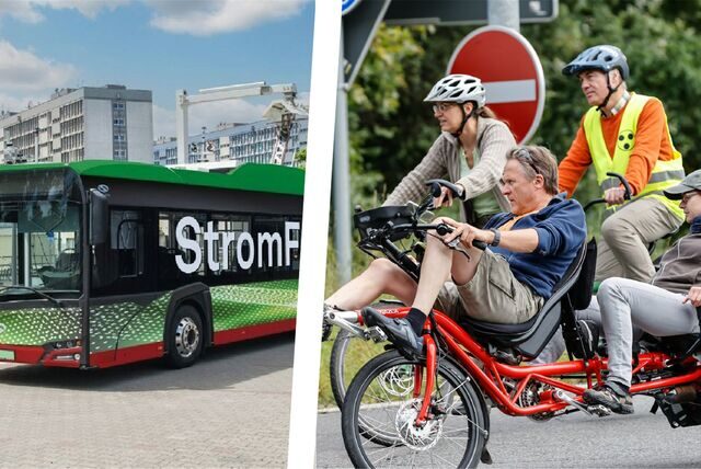 Ein E-Bus und Radfahrer.