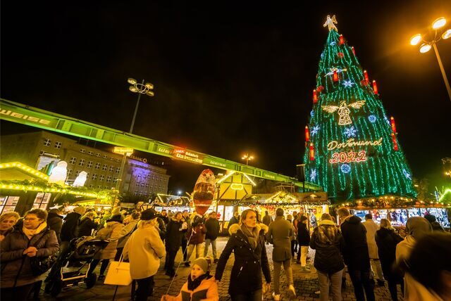 Der Riesen-Weihnachtsbaum leuchtet beim Weihnachtsmarkt in Dortmund auf dem Hansaplatz.