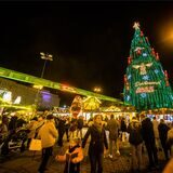 Der Riesen-Weihnachtsbaum leuchtet beim Weihnachtsmarkt in Dortmund auf dem Hansaplatz.