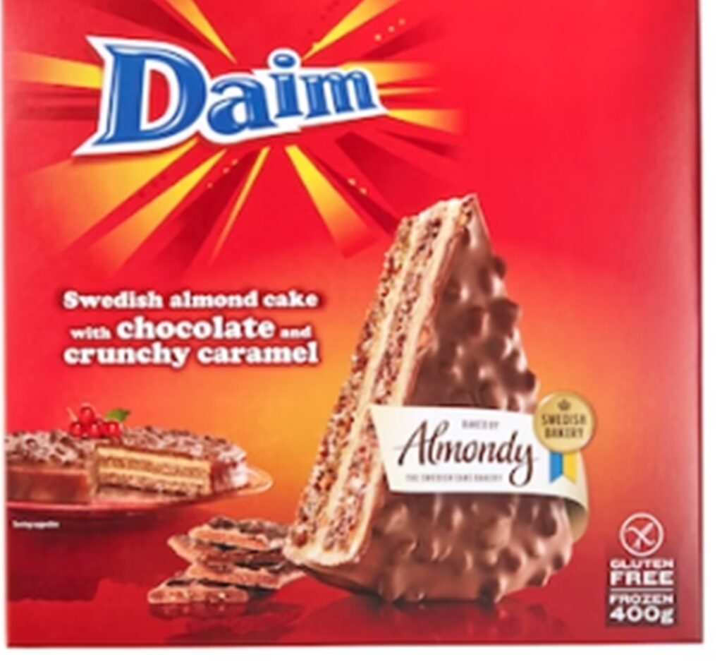 Die Verpackung der Daim-Mandeltorten Schoko-Krokant. Die Verpackung der Daim-Mandeltorten Schoko-Krokant.