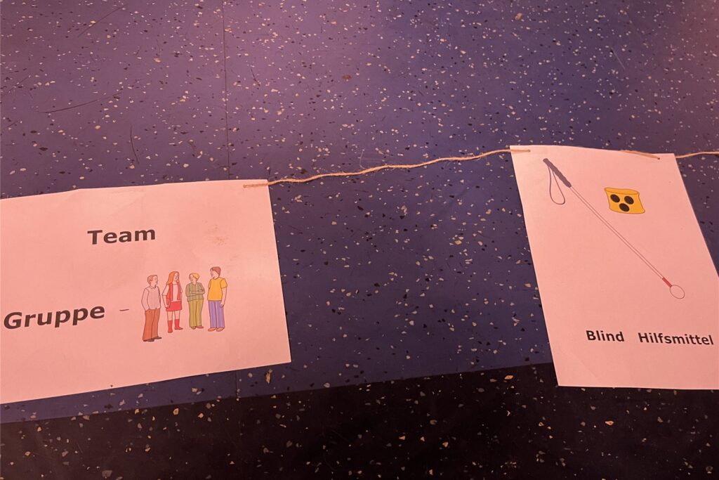 Im Foyer des Lükaz waren verschiedene Piktogramme ausgelegt.