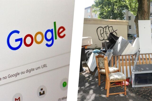 Montage: Links die Startseite der Google-Suche, rechts ein Haufen Sperrmüll in Dortmund.