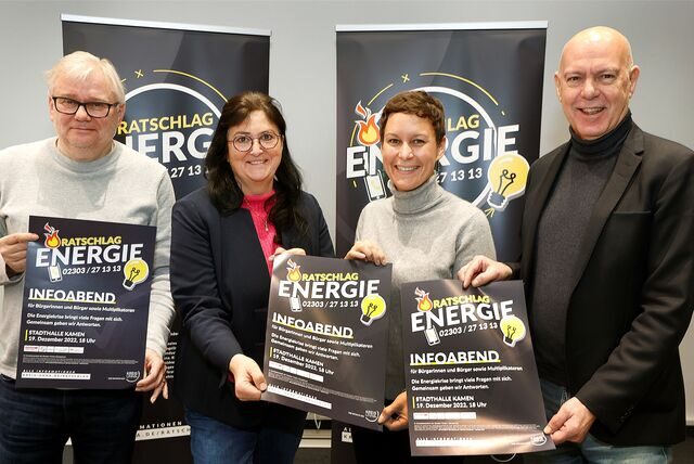 Was tun, wenn die hohe Gas- oder Stromrechnung die Haushaltskasse sprengt? Uwe Ringelsiep (Jobcenter), Elke Kappen, Hanna Schulze (beide Stadt Kamen)
Jochen Baudrexl laden zu einem Infoabend in die Stadthalle ein.