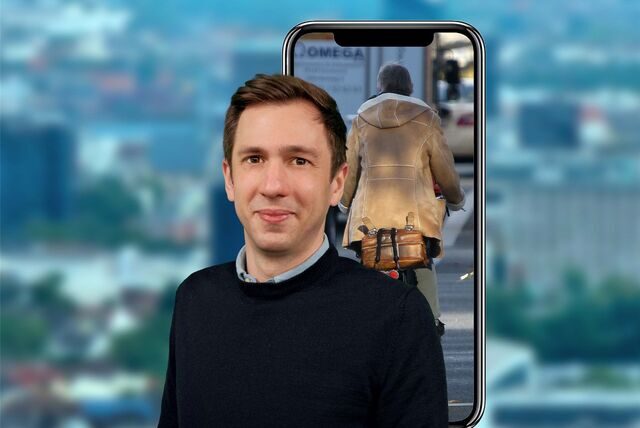 Montage: Bastian Pietsch vor einem Handybildschirm, auf dem eine Radfahrerin zu sehen ist.