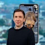 Montage: Bastian Pietsch vor einem Handybildschirm, auf dem eine Radfahrerin zu sehen ist.