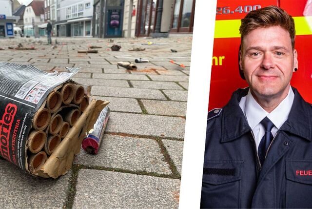 Auch in der Kamener Innenstadt wurde geböllert: Reste abgebrannter Feuerwerkskörper liegen am Neujahrsmorgen auf der Weststraße. Feuerwehrsprecher Markus Große schildert eine „unruhige Silvesternacht“.