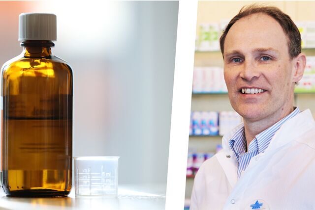 Apotheker Volker Brüning in einer Montage neben einer Flasche Fiebersaft