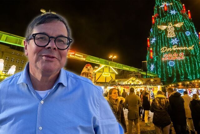 Montage: Patrick Arens vor dem Dortmunder Weihnachtsmarkt auf dem Hansaplatz.