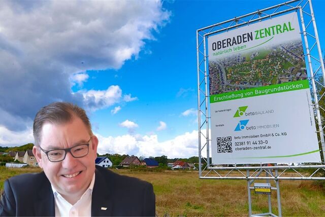 Dirk Salewski als Fotomontage vor dem als Erdbeerfeld bezeichneten Gelände an der Jahnstraße, wo das Neubaugebiet Oberaden Zentral gebaut werden soll.