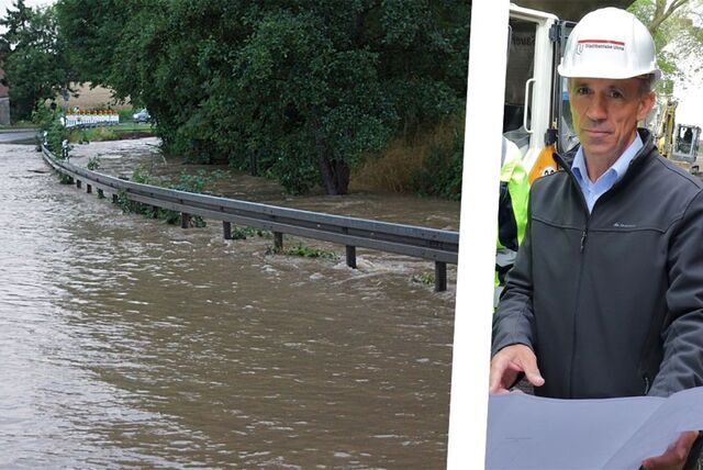 Die Bildmontage zeigt links den überfluteten Massener Hellweg in Unna-Massen und rechts Thomas Matter von den Stadtbetrieben Unna.