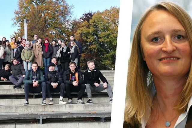 Ein Gruppenfoto einer Schulklasse in Montage mit einem Portrait von Mirja Beutel.