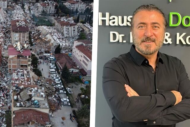 Eine Luftaufnahme des zerstörten Antakya und ein Portraitfoto von Dr. Akin Kara