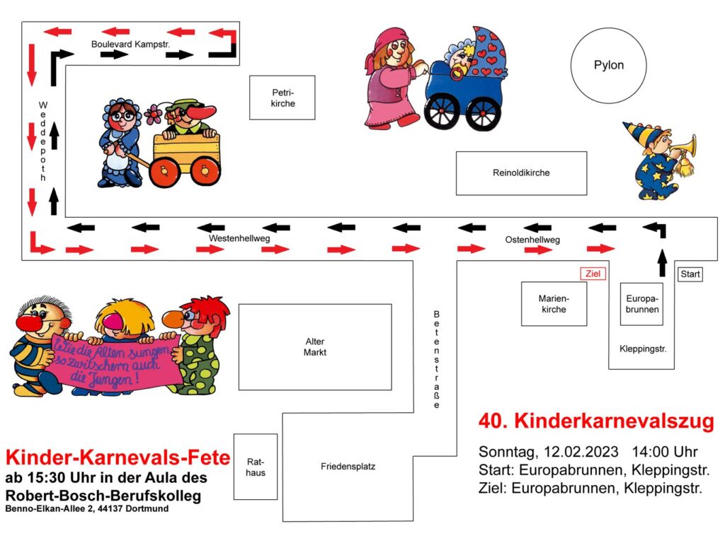 Die Skizze zeigt die Route für den Dortmunder Kinderkarnevalszug am Sonntag (12.2.) Die Skizze zeigt die Route für den Dortmunder Kinderkarnevalszug am Sonntag (12.2.)