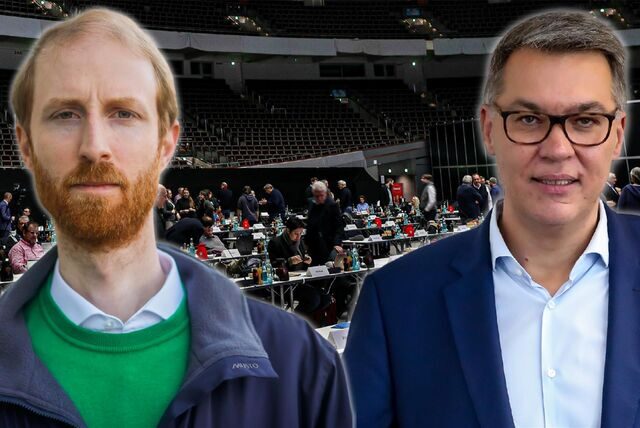 Dr. Jendrik Suck, Chef der CDU-Ratsfraktion, und OB Thomas Westphal vor den Hintergrund der Ratssitzung in der Westfalenhalle 1 montiert.