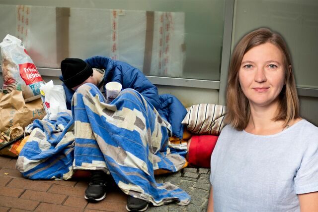 Montage von Jenny Brunner (Grüne) und einem Obdachloser mit seinem Schlaflager