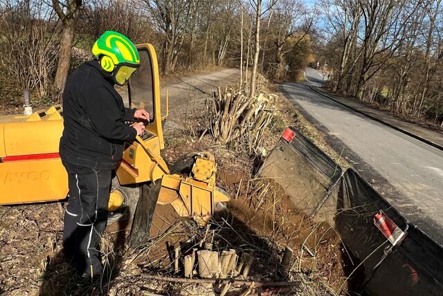 Eine Wurzelfräse musste am Schwarzen Weg eingesetzt werden, um das tiefe Wurzelwerke der gefällten Bäume ebenfalls zu entfernen.