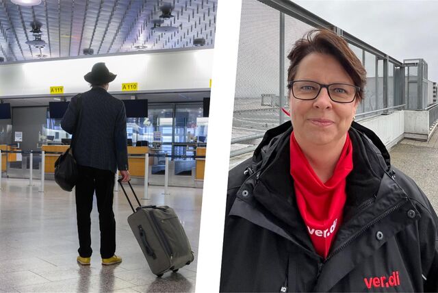 Verdi-Referentin Kirsten Rupieper (r.) und ihre Kollegen haben am Freitag (17.2.) den Flughafen in Dortmund bestreikt. Dort starteten keine Flieger. Das Foto des wartenden Passagiers stammt allerdings aus Hannover, denn der Dortmunder Flughafen erteilte Medien am Streik-Tag keine Foto- und Film-Erlaubnis.