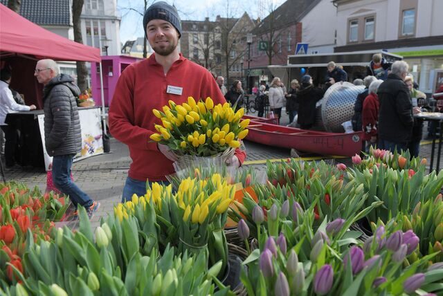 Ein Blumenverkäufer hält beim Hollandmarkt in Schwerte Tulpen in den Händen.