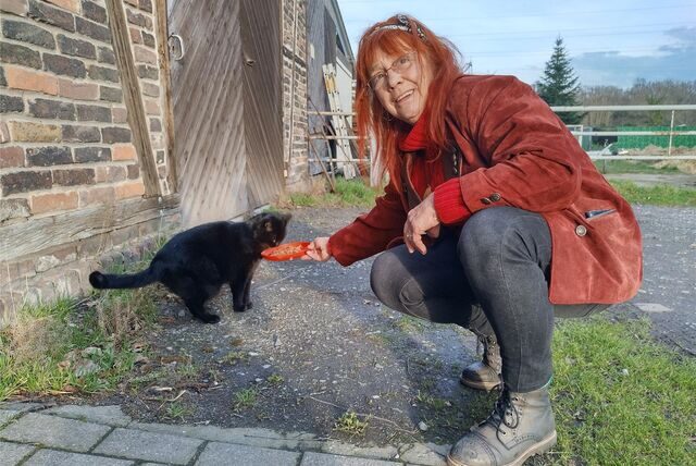 Ellen Heckmann von den Tierfreunden Kamen füttert eine Katze.