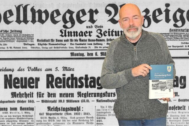 Vor 90 Jahren: Am 5. März 1933 wurde erstmal nach Hitlers „Machtergreifung“ der Reichstag gewählt. Stadtarchivar Jochen von Nathusius führt in seiner Fröndenberger Chronik aus, wie die Parteien in Fröndenberg abschnitten. Im Hintergrund: Ausgabe des Hellweger Anzeigers vom 6. März 1933.