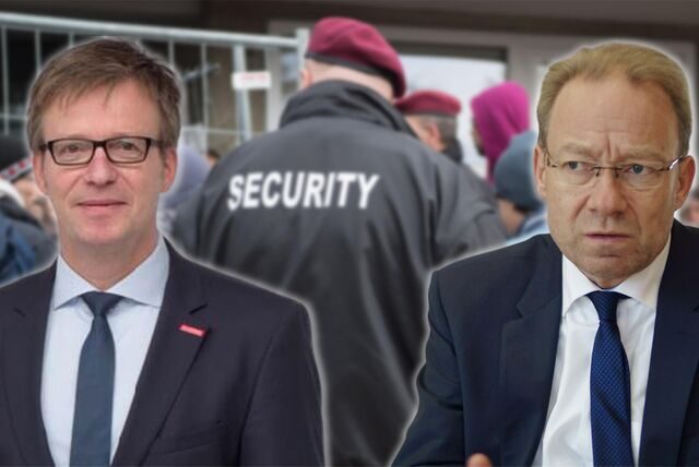 Carsten Harder, Hauptgeschäftsführer der Handwerkskammer, und IHK-Hauptgeschäftsführer Stefan Schreiber in einer Montage mit einem Sicherheitsmann.