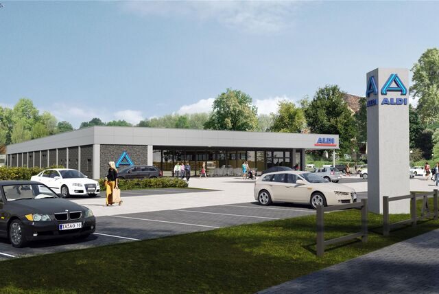 Der künftige Aldi-Markt soll nach Plänen des Unternehmens ein Flachbau werden. Auf der fotorealistischen Darstellung ist die östliche, an den Bruayplatz angrenzende Seite zu sehen.
