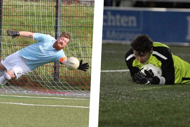 Wethmars Bendix Wagner (l.) und Thorben Krause von BW Alstedde in einer Montage. Beide Torhüter parieren einen Ball.