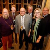 Die Preisträger des Heerener Horns Jörg Theis , Helmut Klothmann und Christina Pfingsten mit Lukas Thiel,  Friedrich-Christian Freiherr von Plettenberg und Helmut Krollmann.