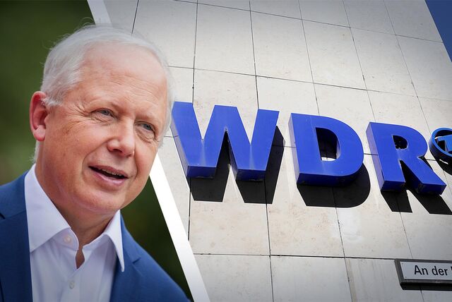 Tom Buhrow neben der Fassade des WDR Gebäudes (Fotokollage).