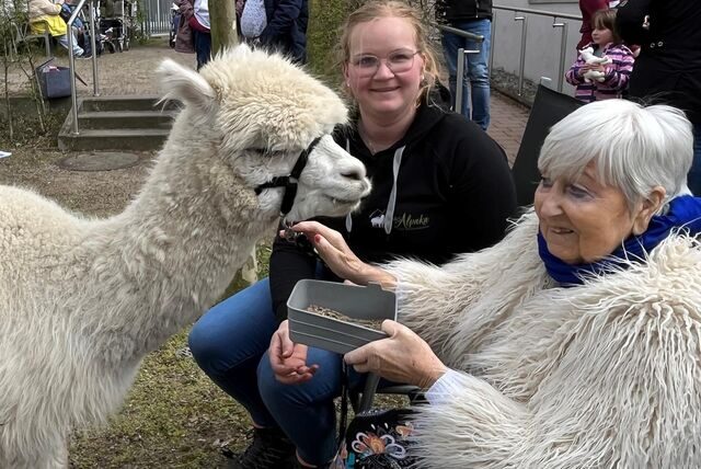 Die Bewohner der Seniorenresidenz in Selm zeigten sich begeistert vom Besuch der Alpakas aus Netteberge, hier schaut Betreiberin Sabrina Beckmann auf die Fütterung.