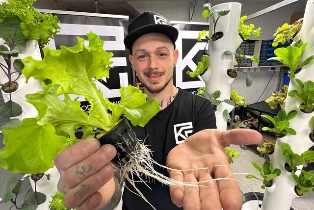 Kevin Schulz von der „K&F Kunststoff-Schmiede“ zeigt, dass das Hydroponik-System des Handwerksbetriebs funktioniert.