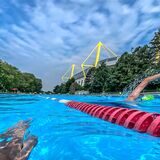 Eine Person schwimmt in einem Schwimmbecken des Freibads Volkspark in Dortmund. Im Hintergrund ist der Signal Iduna Park zusehen.