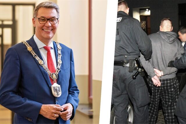 Montage: Neonazi Steven F. bei einer Festnahme im Jahr 2018 (links im Bild) und Thomas Westphal bei mit der Amtskette des Oberbürgermeisters (rechts im Bild).