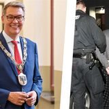 Montage: Neonazi Steven F. bei einer Festnahme im Jahr 2018 (links im Bild) und Thomas Westphal bei mit der Amtskette des Oberbürgermeisters (rechts im Bild).