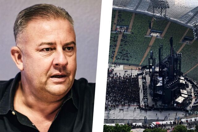 Rechts im Bild: Die Zuschauer warten im Olympiastadion München auf den Konzertbeginn. Links im Bild: Michael Wolff.