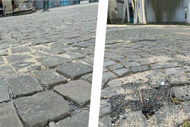 Während die Schäden auf dem Marktplatz fachgerecht beseitigt sind (l.), sind die Löcher auf dem Kirchplatz nur notdürftig mit Teer geflickt.