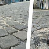Während die Schäden auf dem Marktplatz fachgerecht beseitigt sind (l.), sind die Löcher auf dem Kirchplatz nur notdürftig mit Teer geflickt.
