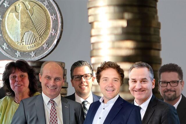 Verfassten einen Brandbrief an den Kreis Unna: die Kämmerinnen und Kämmerer (v. l.) (Marc Alexander Ulrich (Bergkamen), Sylvia Engemann (Selm), Christian Völkel (Kamen), Niklas Luhmann (Schwerte), Marco Schulze-Beckinghausen (Werne), Dr. André Jethon (Lünen) und Michael Strecker (Unna).